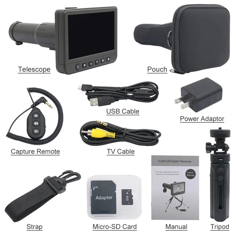 50X Digital Telescope Camera 5.0 inch HD Screen 8G Card Photo Video Recorder Monocular Bird-Watching Travelling Telescopio